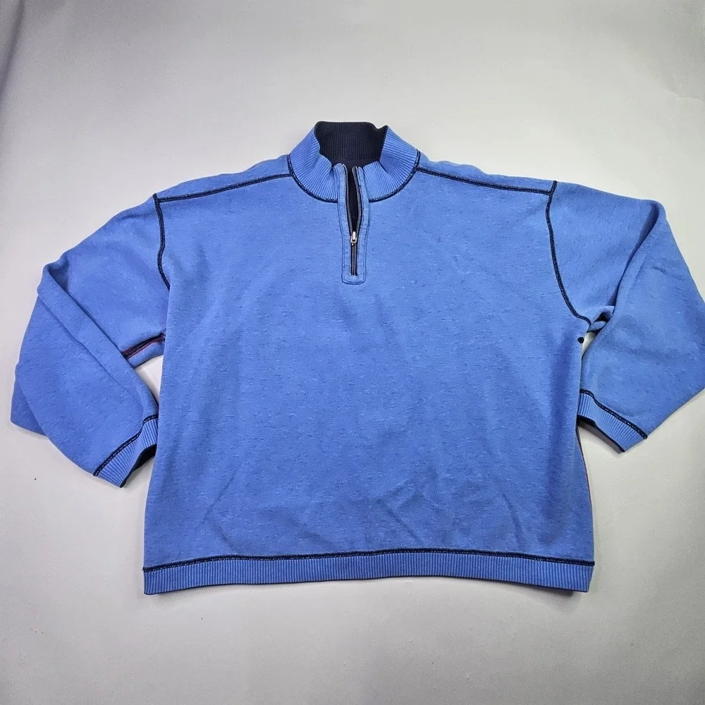 Tommy Bahama 1/4 Zip Pullover Sweater XL Blue Reversible Cotton Blend Ribbed